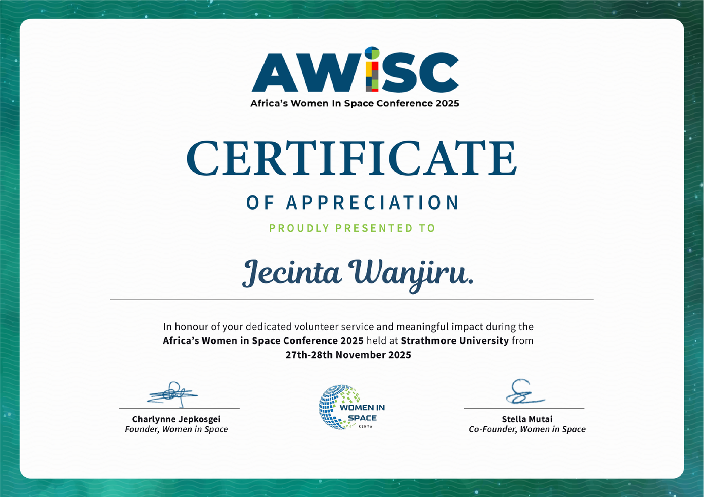 AWiSC Volunteer Certificate